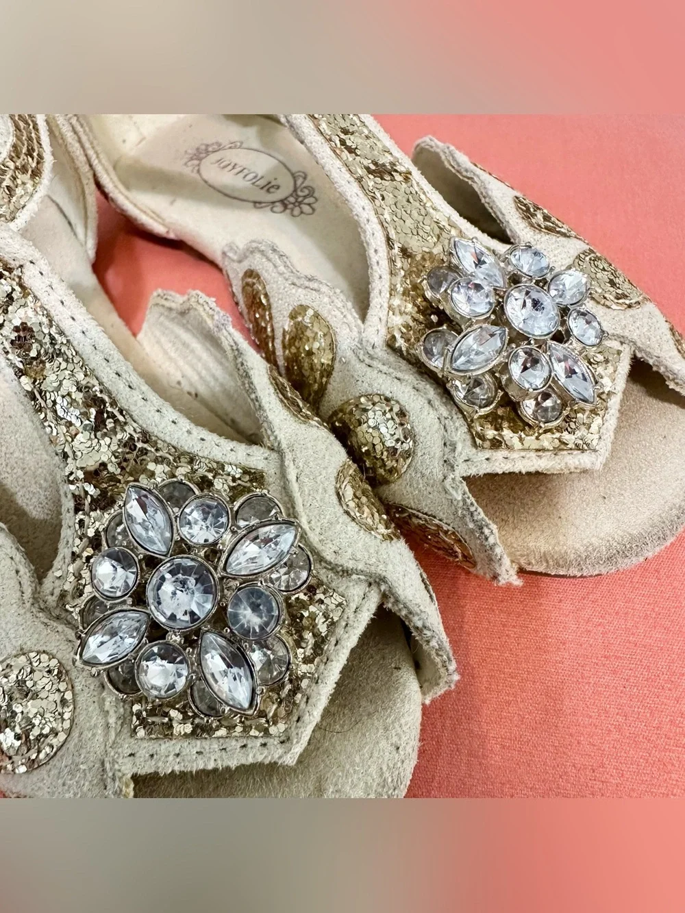 Joyfolie Gold Glitter Mari Flat Sandals Rhinestone Flower Girl Dress Shoe 9T